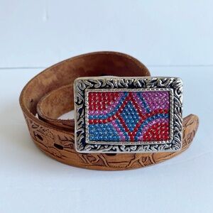 Vintage Chambers Leather Belt Horses Embellished Buckle Size 26